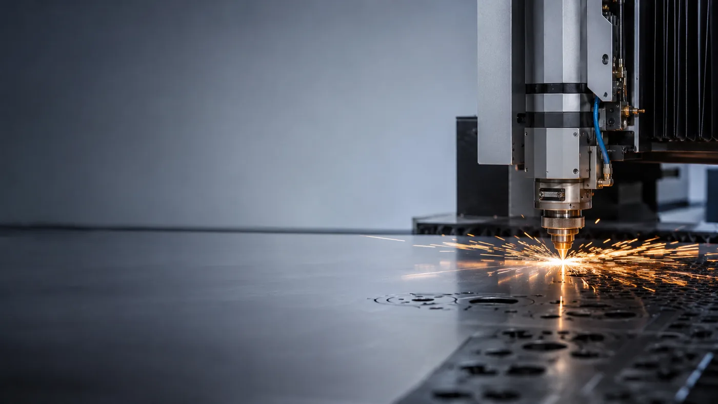 Tête de découpe laser en fonctionnement sur une tôle métallique