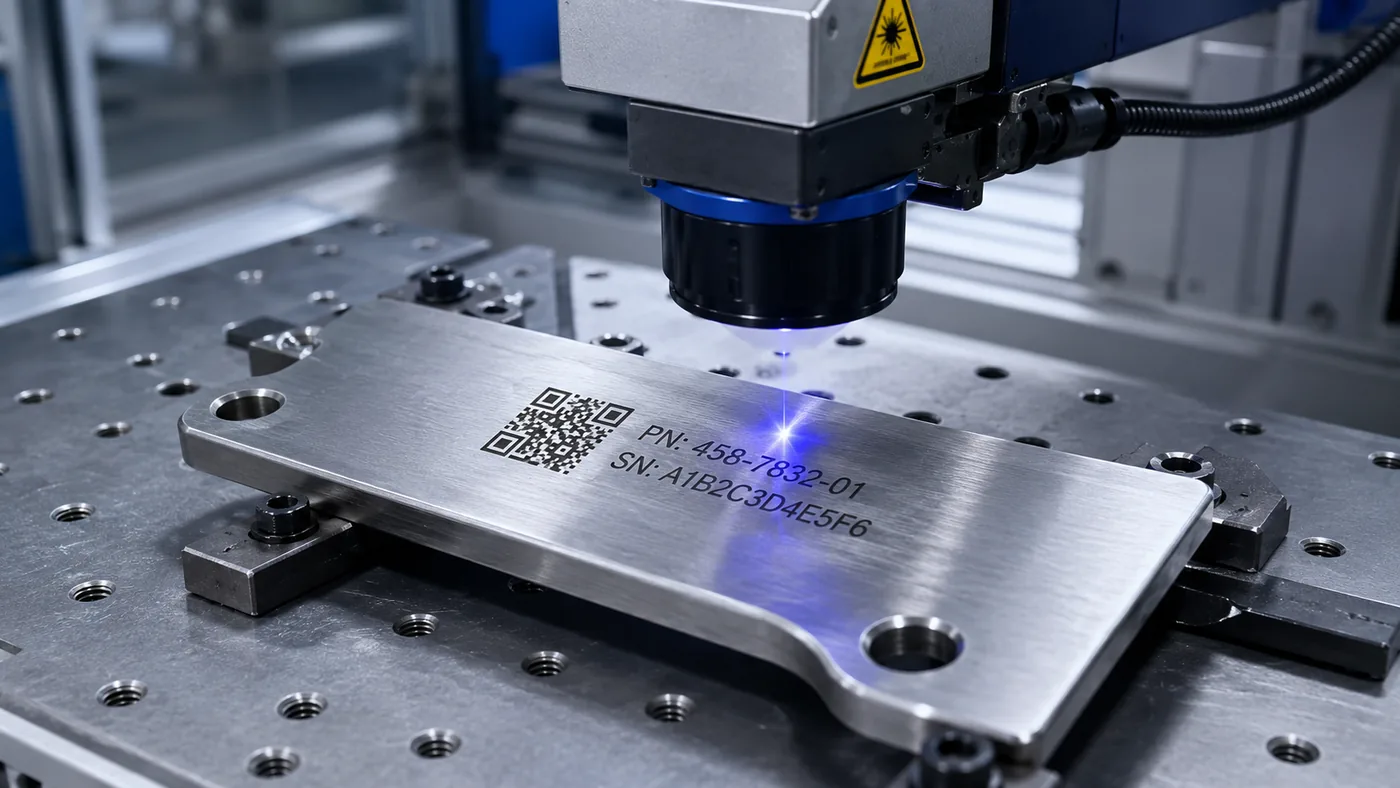 Station laser réalisant un code de traçabilité sur une pièce métallique