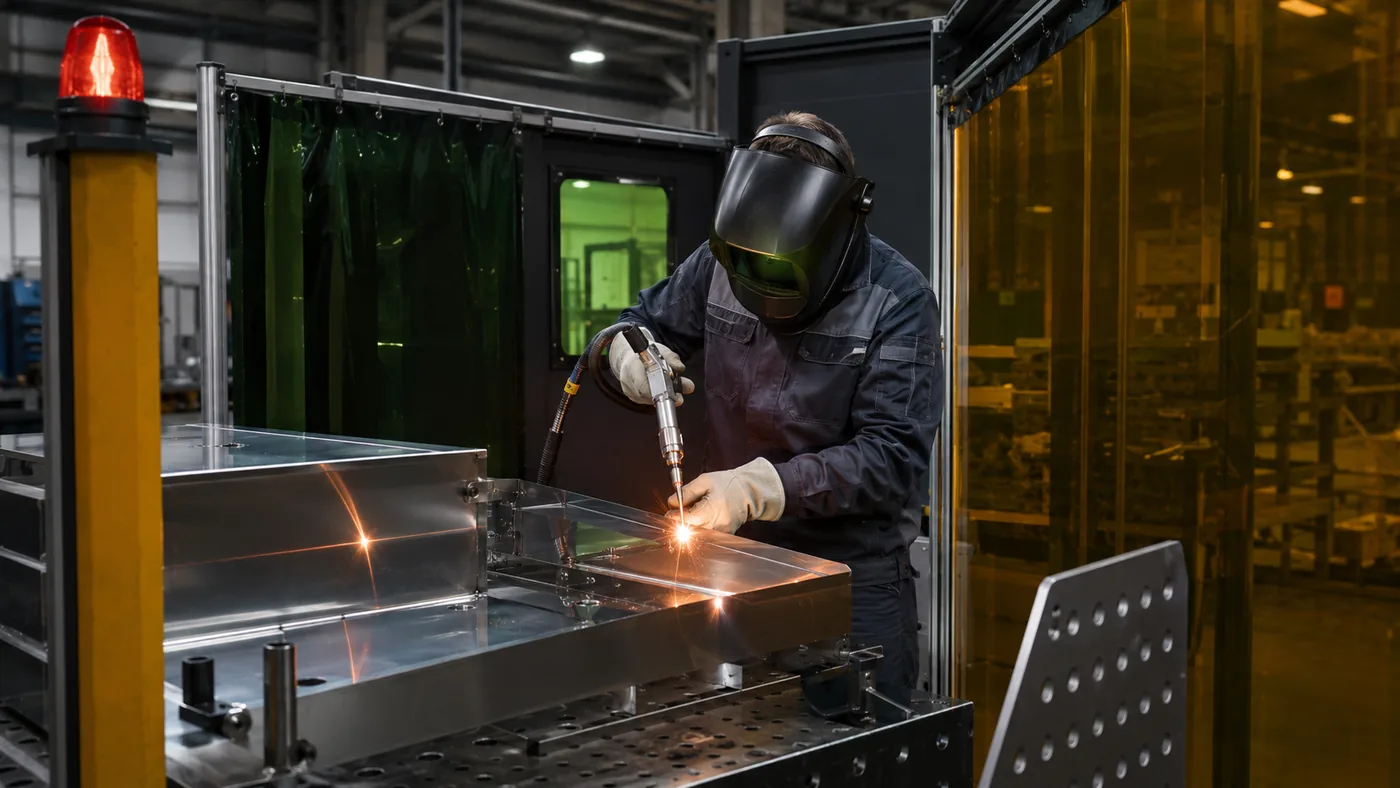 Opérateur utilisant un système de soudage laser dans une zone contrôlée